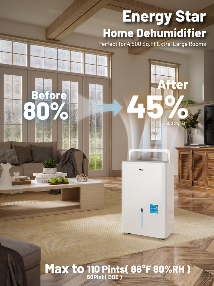 DuraComfort 115 Pints Dehumidifie for Basement with Pump, 4500 Sq.Ft Energy Star for Large Rooms, Powerful Humidity Control, Easy Drainage (DOE Rating 50 Pints/Day)