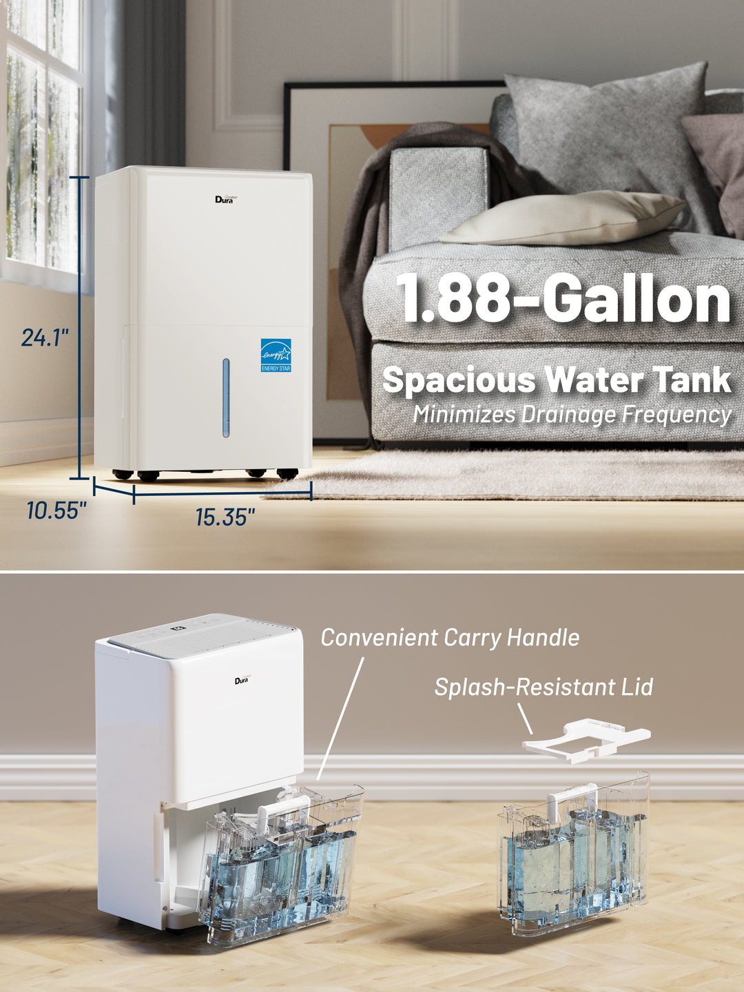 DuraComfort 115 Pints Dehumidifie for Basement with Pump, 4500 Sq.Ft Energy Star for Large Rooms, Powerful Humidity Control, Easy Drainage (DOE Rating 50 Pints/Day)