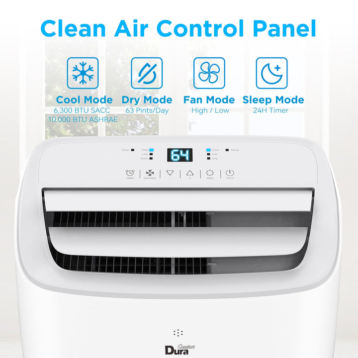 DuraComfort Portable Air Conditioner Cooling, Dehumidifier, Fan 3-in-1 – 10000 BTU (ASHRAE) /  6300 BTU (SACC) Portable AC Unit with Remote Control
