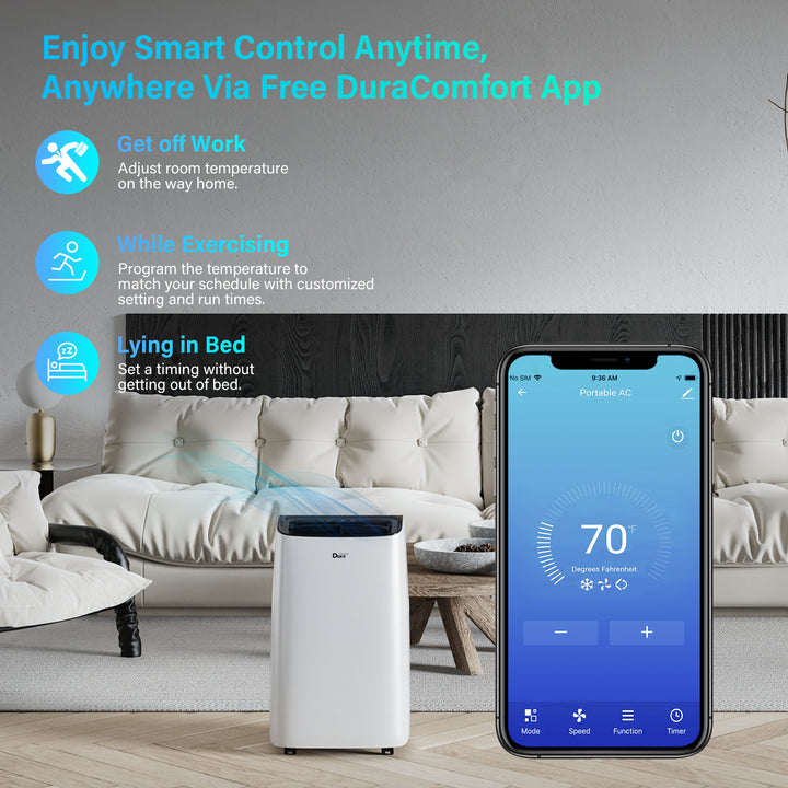 DuraComfort Portable Air Conditioner - Cooling, Dehumidifier, Fan, 12000 BTU(Ashrae) /8150 BTU (SACC) Quiet AC Unit, Smart Mobile App, for Rooms up to 350 sq ft, White