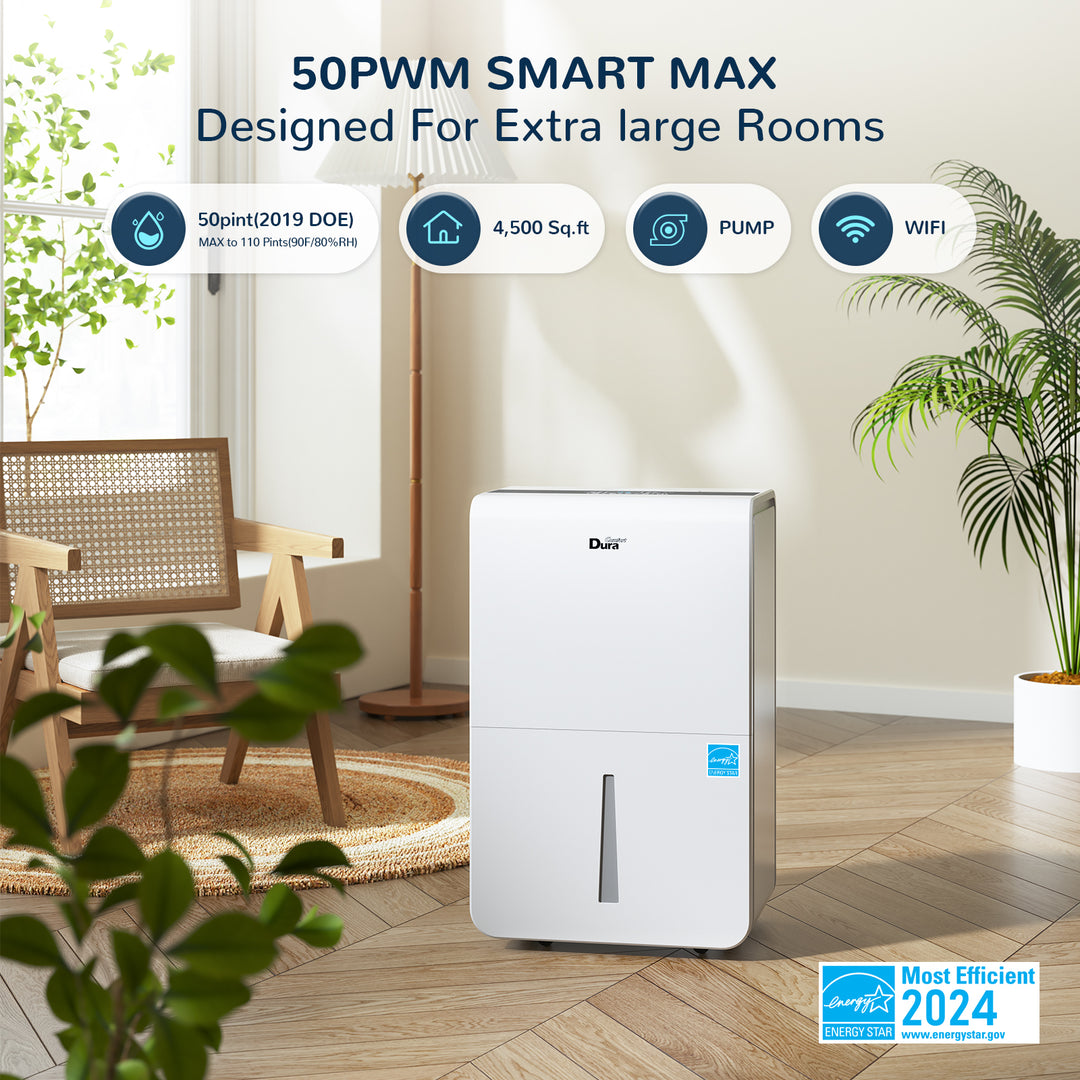 DuraComfort Portable Dehumidifier - for Basement 4500 Sq. Ft with Drain Hose/Pump, 50pints with water Tank and reusable Air Filter, Smart WiFi, White