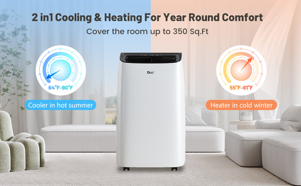 DuraComfort 便携式空调，带加热功能，8,000 BTU SACC（12,000 BTU ASHRAE），智能 WiFi，制冷面积达 350 平方英尺，白色