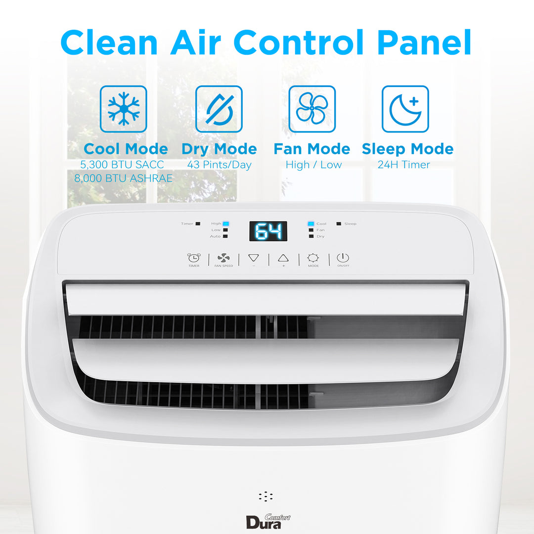 DuraComfort 便携式空调 8000 BTU（Ashrae）/5300 BTU（SACC）三合一静音空调机组，适用于面积达 200 平方英尺的房间